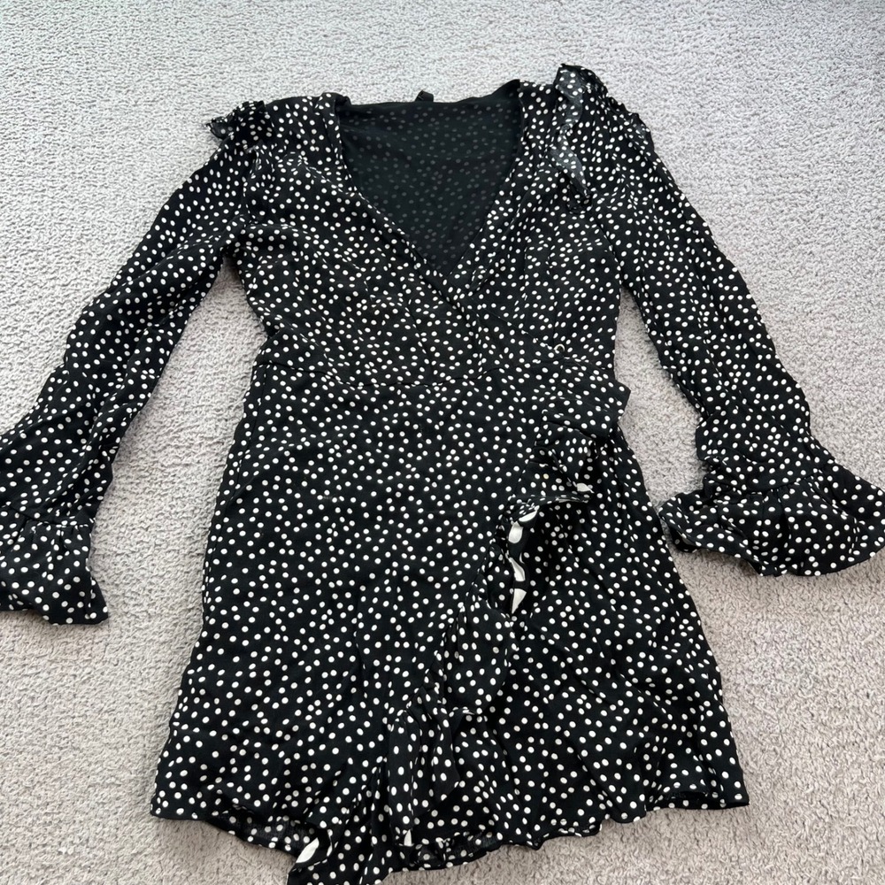 Zara TRF Black White Polka Dot Ruffle Long Sleeve Wrap Romper Size M